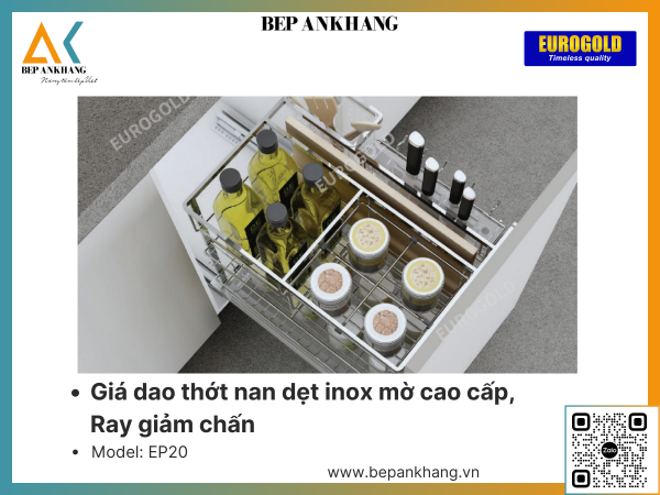 Kệ dao thớt nan dẹt inox mờ cao cấp, Ray giảm chấn Eurogold EP20 - 200mm - Inox 304